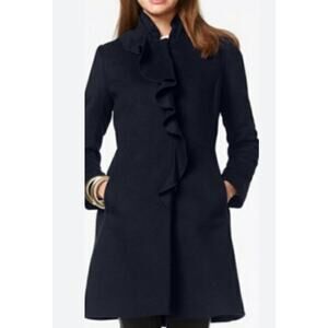 DKNY Walker Women's Coat Ruffle Wool Blend Stand Up Collar Overcoat